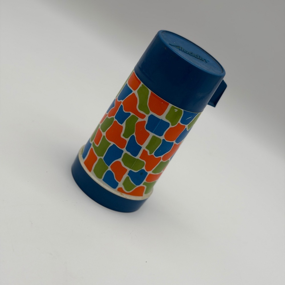 Vintage Aladdin Thermos Blue Geometric Mosaic Pattern Retro Insulated Cup Lid
